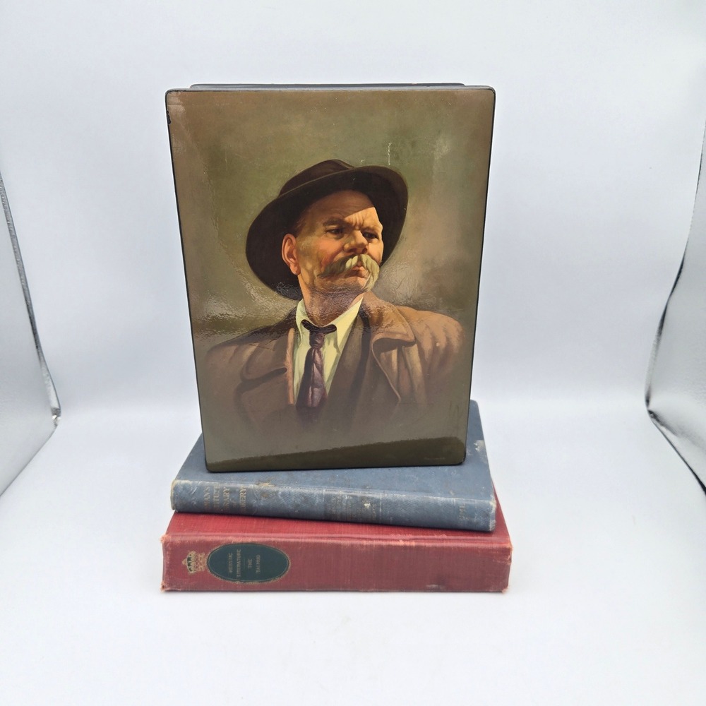 Vintage Russian Lacquer Box Hand Painted Maxim Gorky Portrait Man With Hat Moody